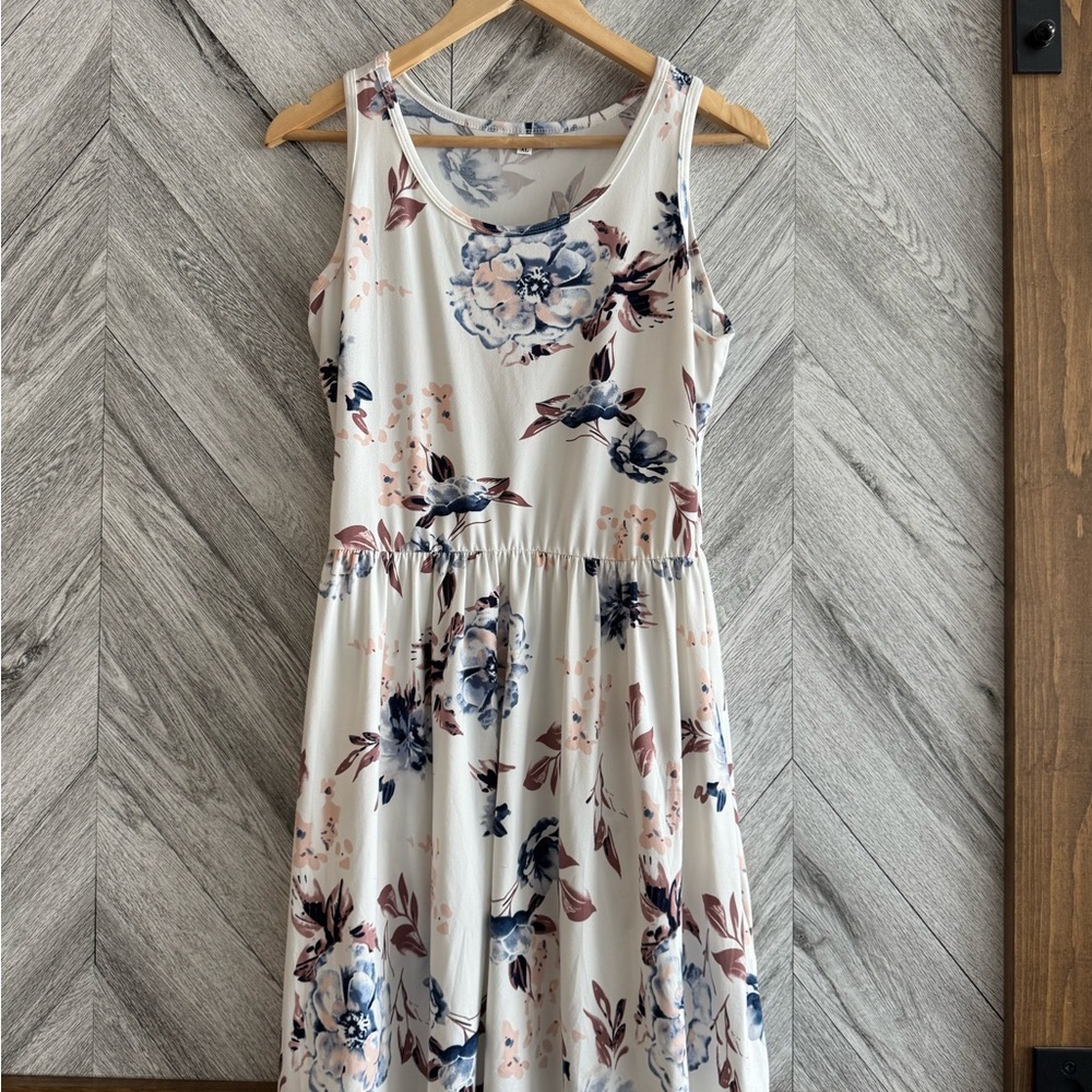 Floral Print Midi Dress - Cream and Blue